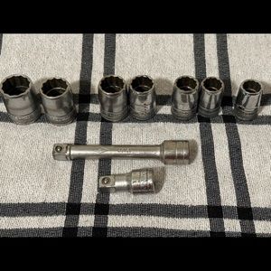 Vintage S-K Tools (8) 1/2” Drive,12 Point Sockets Plus 5” & 2” Extensions